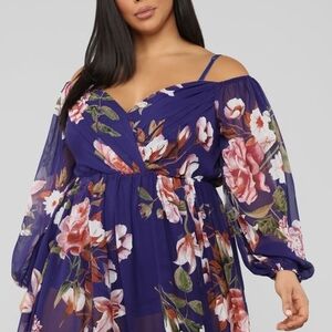 Fashion Nova A Beautiful Creation Floral Long Sleeve Maxi Dress - Navy and Pink